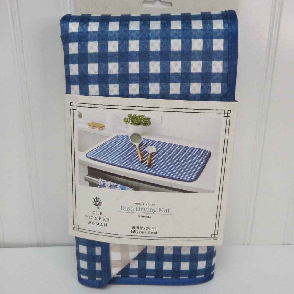 Pioneer Woman Gingham Checkered Reversible Dish Drying Mat, 18" x 24" Blue Beige